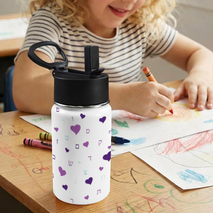 Purple Hearts Aleph Beis 12oz Toddlers Water Bottle with Straw Lid