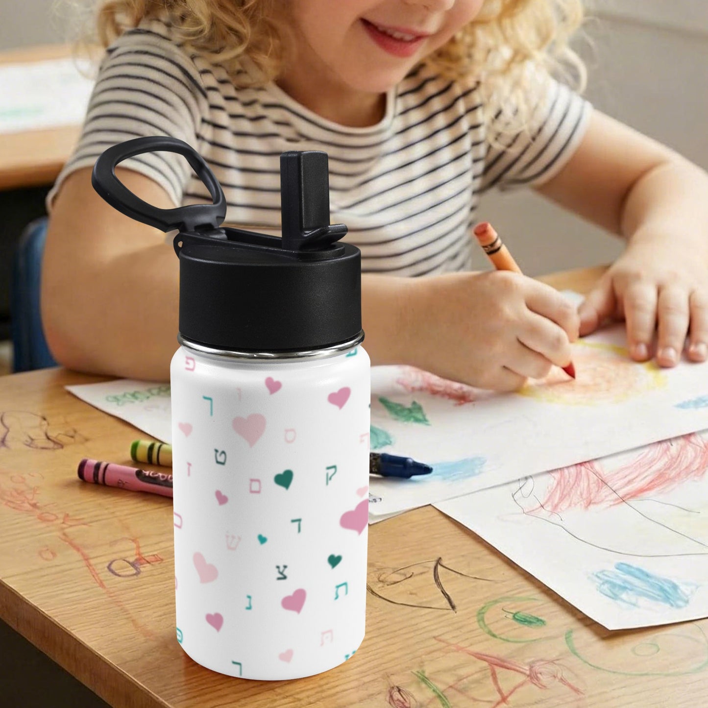 White Pink Hearts Aleph Beis 12oz Toddlers Water Bottle with Straw Lid