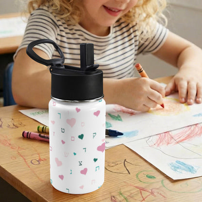 White Pink Hearts Aleph Beis 12oz Toddlers Water Bottle with Straw Lid