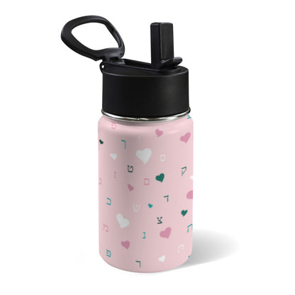 Pink Hearts Aleph Beis 12oz Toddlers Water Bottle with Straw Lid