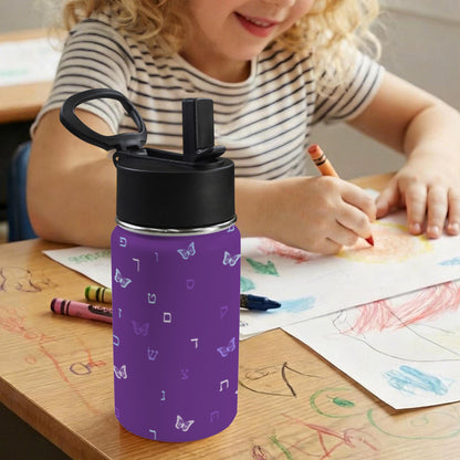Purple Butterflies Aleph Beis 12oz Toddlers Water Bottle with Straw Lid
