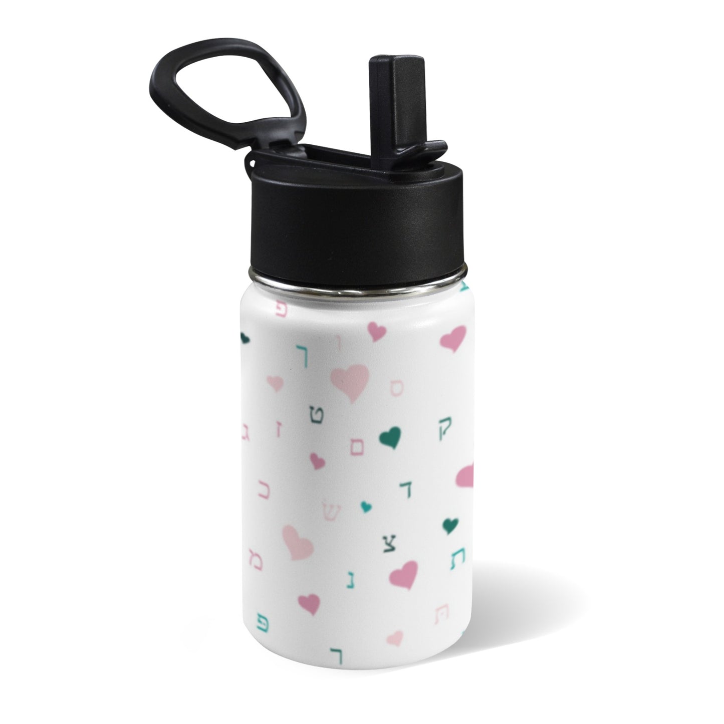 White Pink Hearts Aleph Beis 12oz Toddlers Water Bottle with Straw Lid