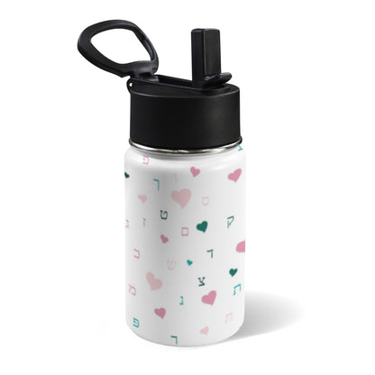 White Pink Hearts Aleph Beis 12oz Toddlers Water Bottle with Straw Lid