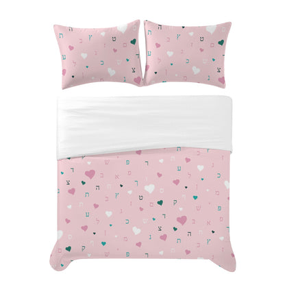 Pink Aleph Beis Hearts | Jewish Girls Twin Bedding Set