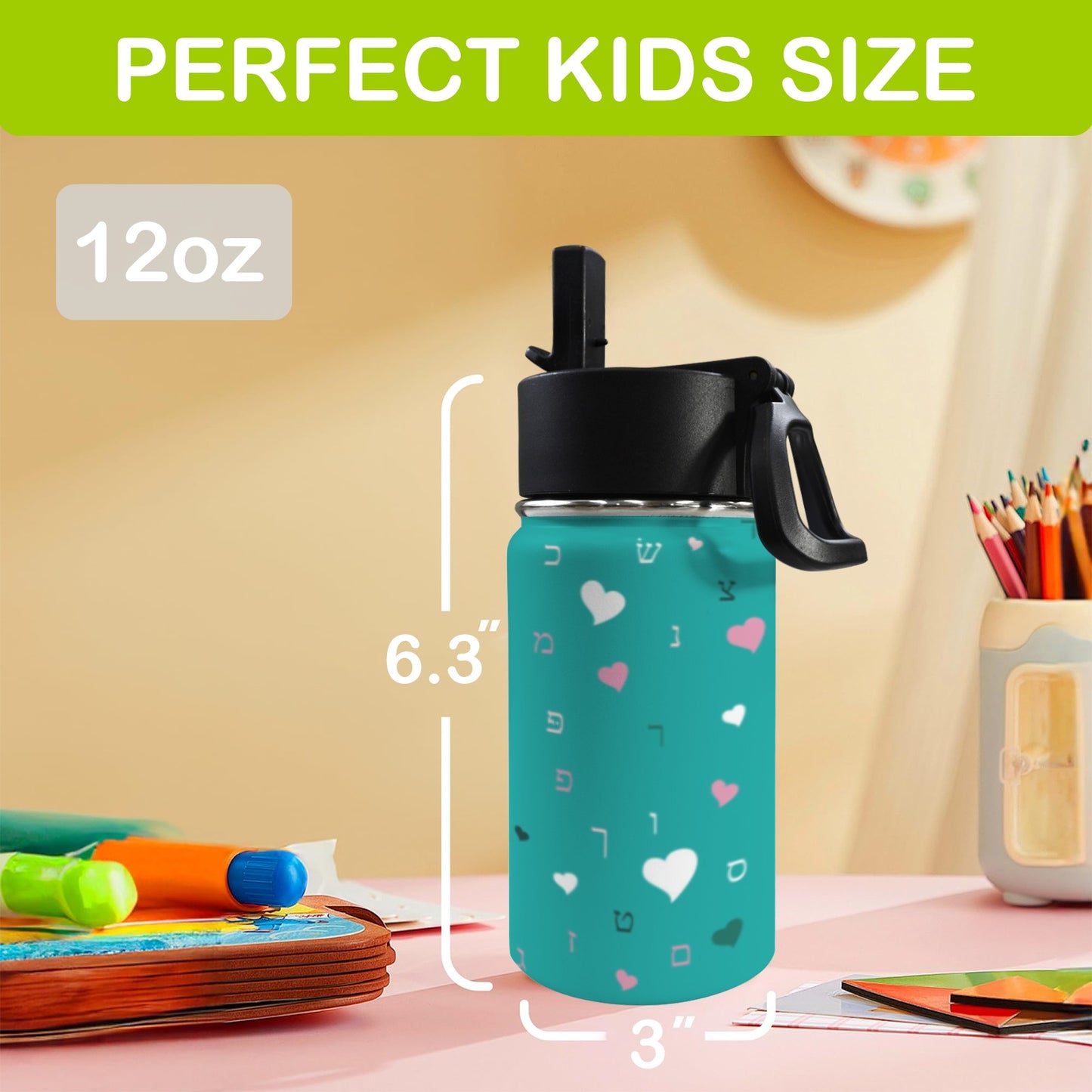 Green Hearts Aleph Beis 12oz Toddlers Water Bottle with Straw Lid