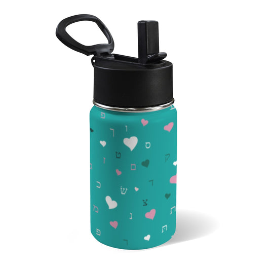 Green Hearts Aleph Beis 12oz Toddlers Water Bottle with Straw Lid