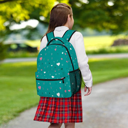 Ahavas Yisroel Hearts with Aleph Beis in Green Children's Backpack