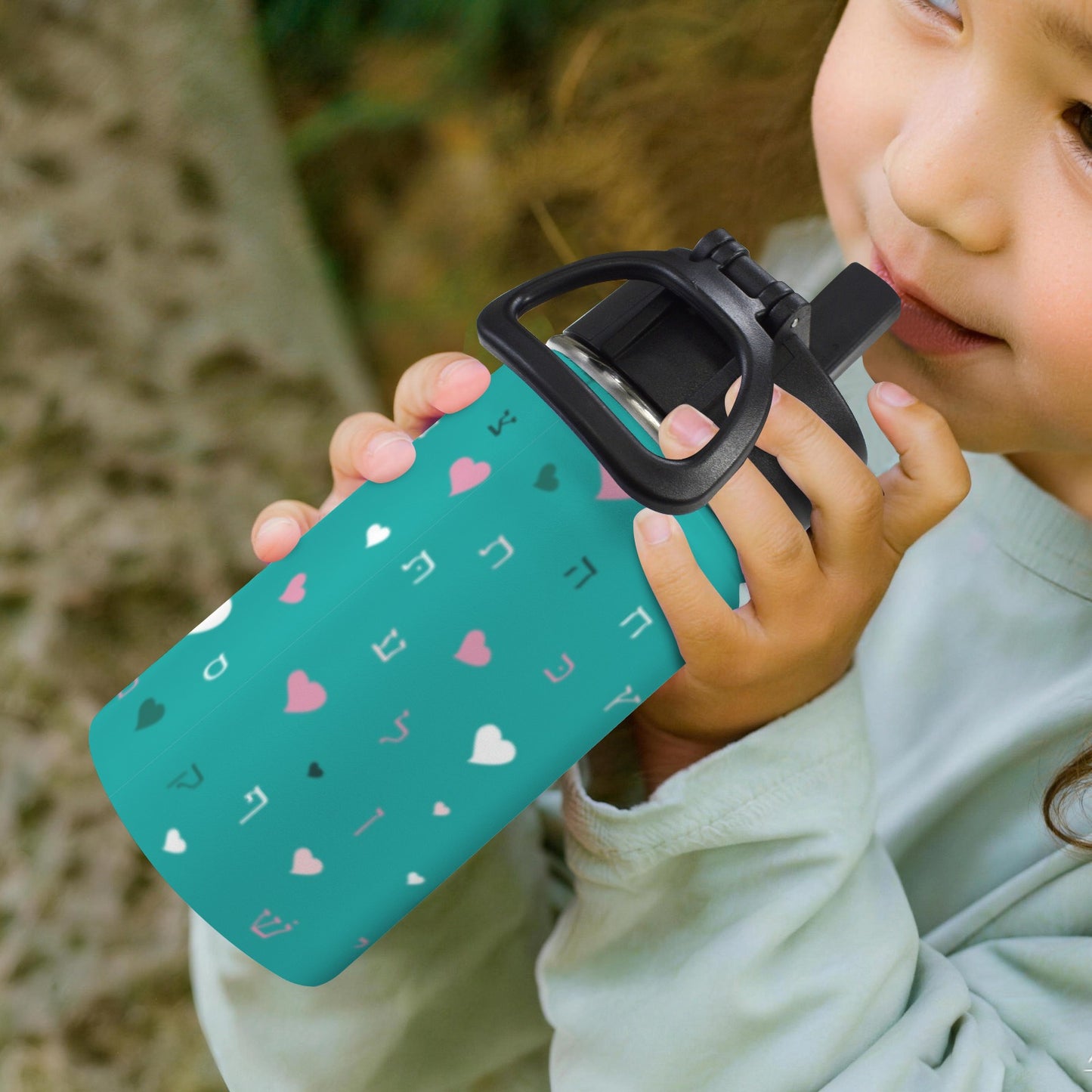 Green Hearts Aleph Beis 12oz Toddlers Water Bottle with Straw Lid