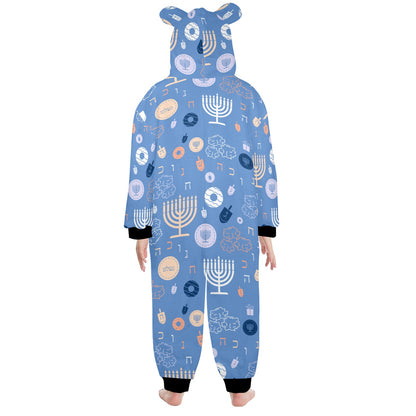 Blue Chanukah 5785 One-Piece Zip Up Hooded Pajamas for Big Kids