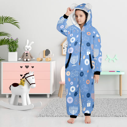 Blue Chanukah 5785 One-Piece Zip Up Hooded Pajamas for Big Kids