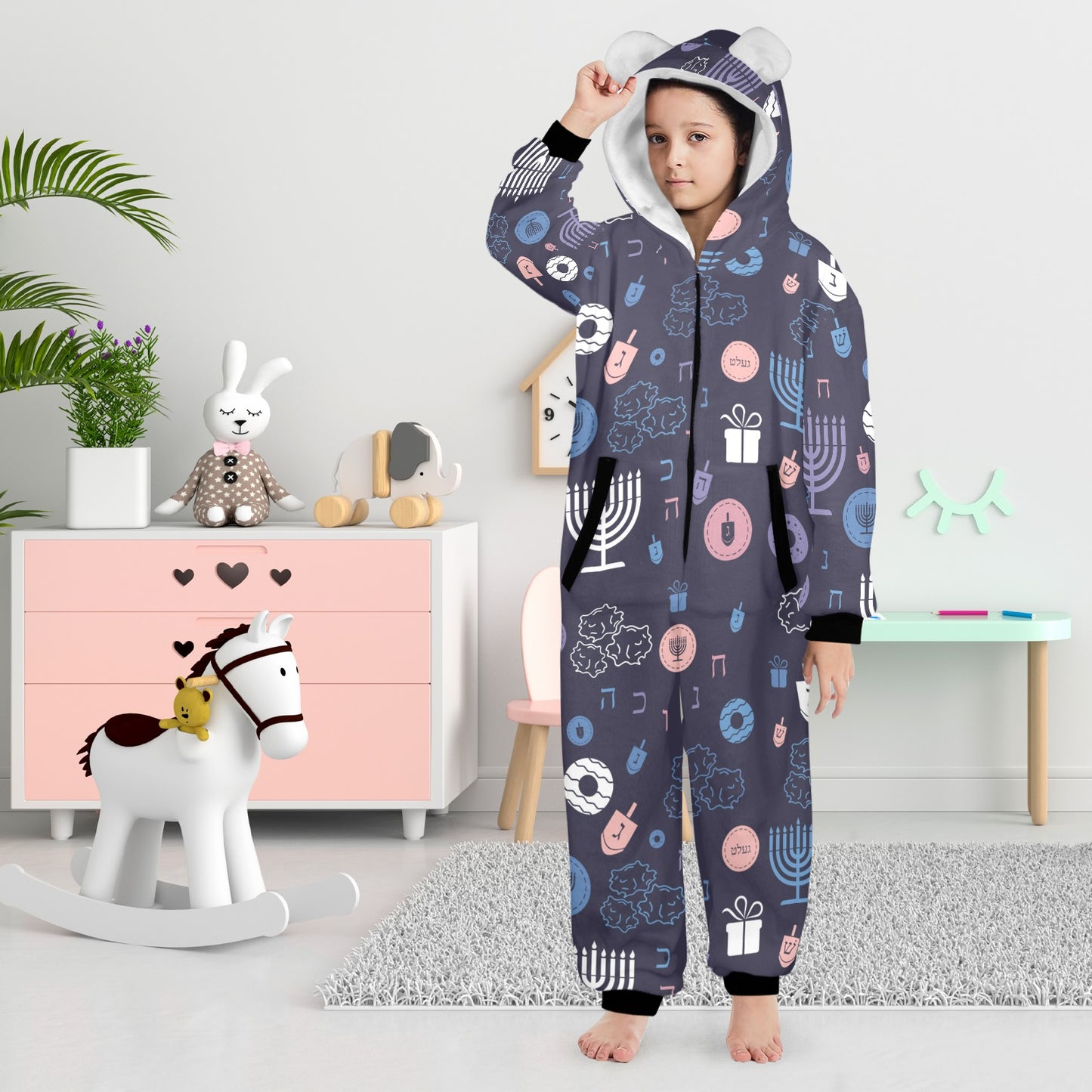 Warm Sunset Chanukah 5785 One-Piece Zip Up Hooded Pajamas for Big Kids
