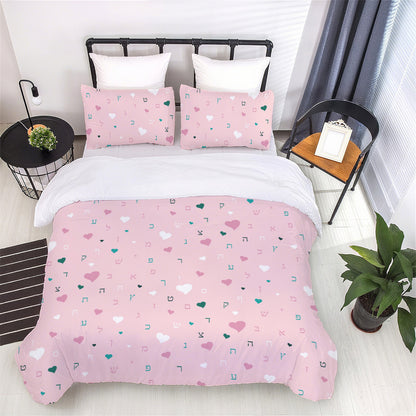 Pink Aleph Beis Hearts | Jewish Girls Twin Bedding Set