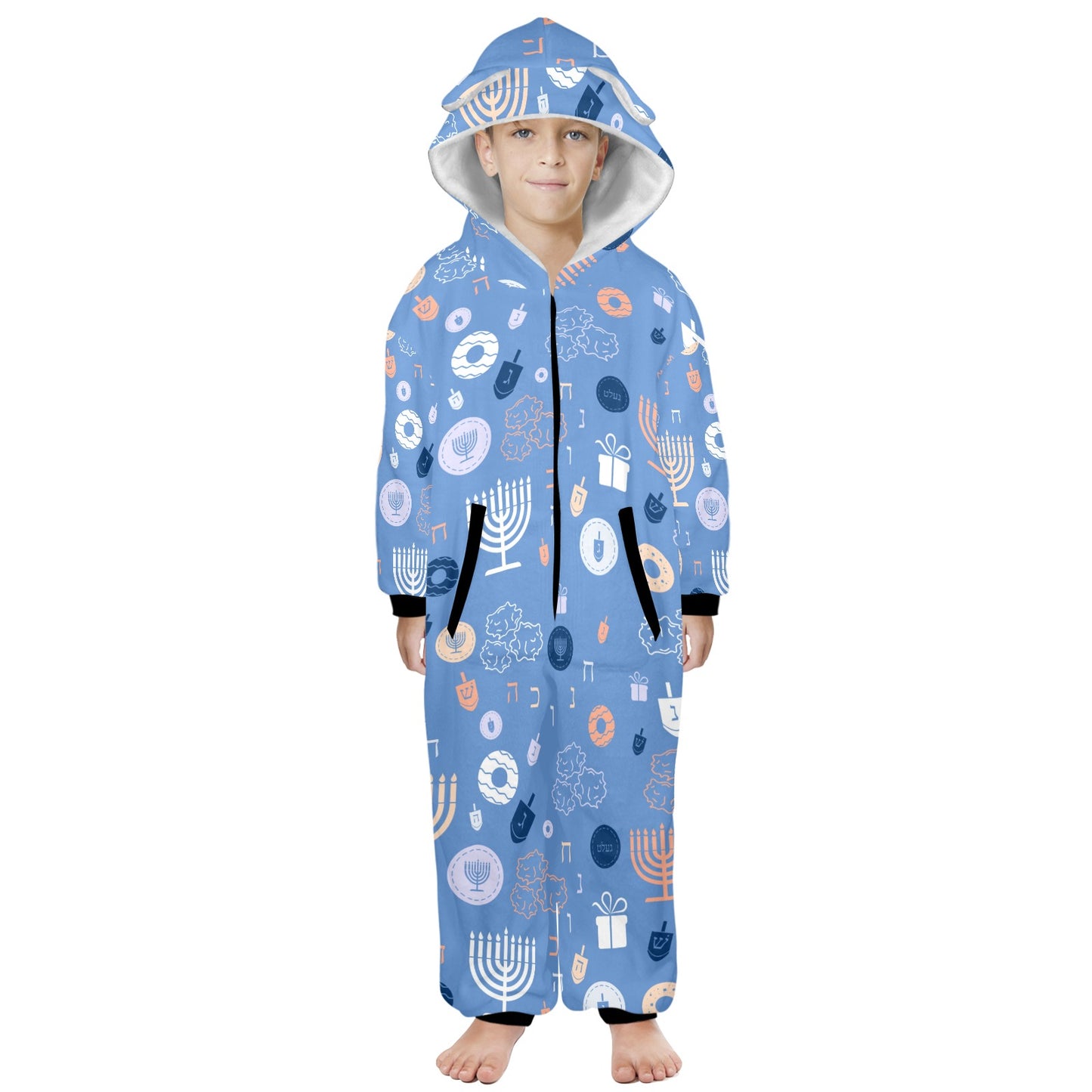 Blue Chanukah 5785 One-Piece Zip Up Hooded Pajamas for Big Kids