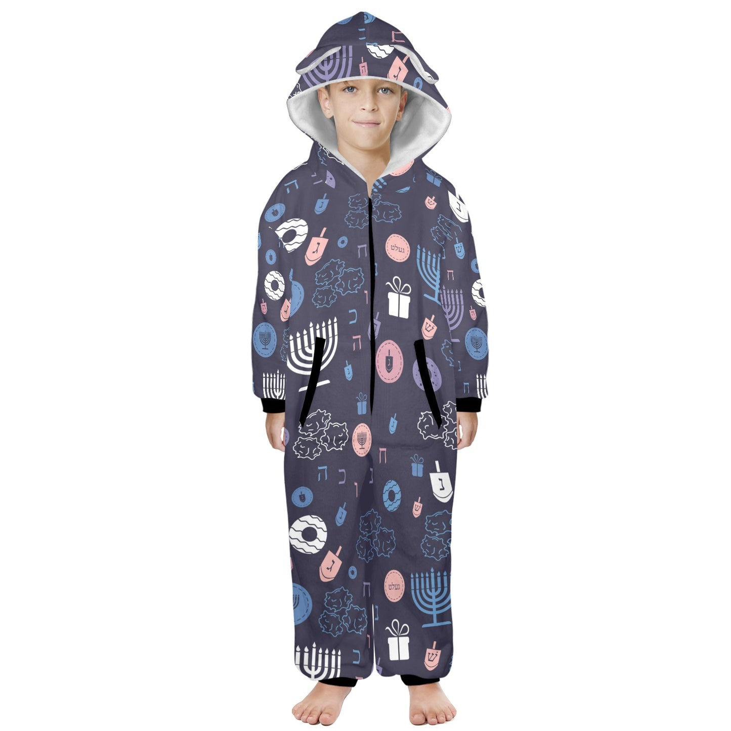 Warm Sunset Chanukah 5785 One-Piece Zip Up Hooded Pajamas for Big Kids