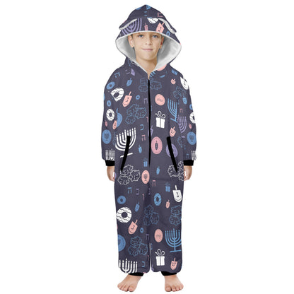 Warm Sunset Chanukah 5785 One-Piece Zip Up Hooded Pajamas for Big Kids