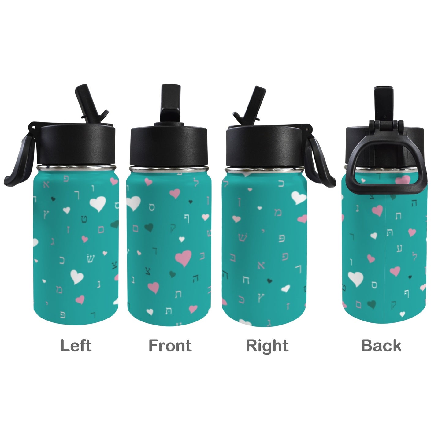 Green Hearts Aleph Beis 12oz Toddlers Water Bottle with Straw Lid