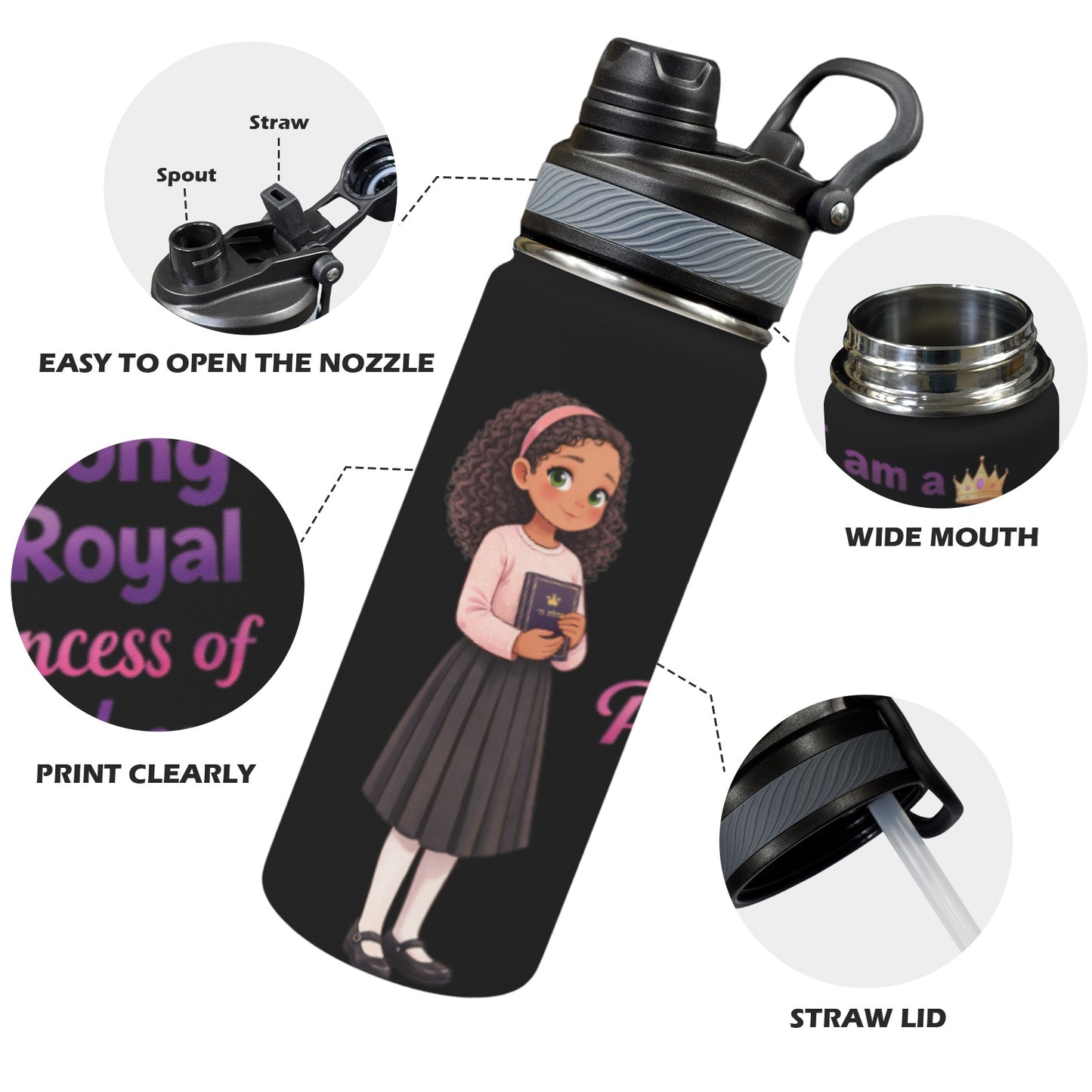 Princess of Hashem Insulated Water Bottle with Dual-Use Lid (18oz)