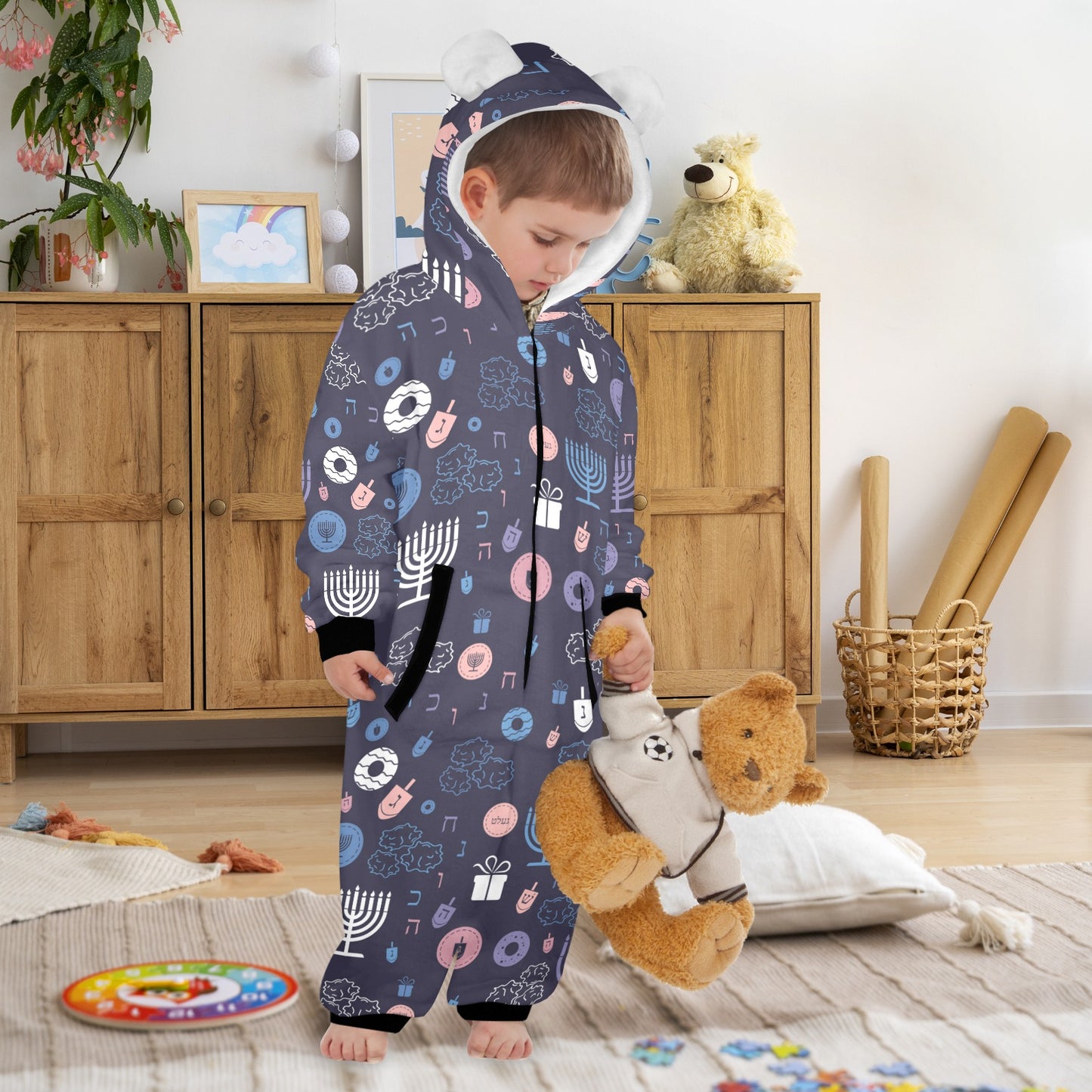 Warm Sunset Chanukah 5785 One-Piece Zip up Hooded Pajamas for Little Kids