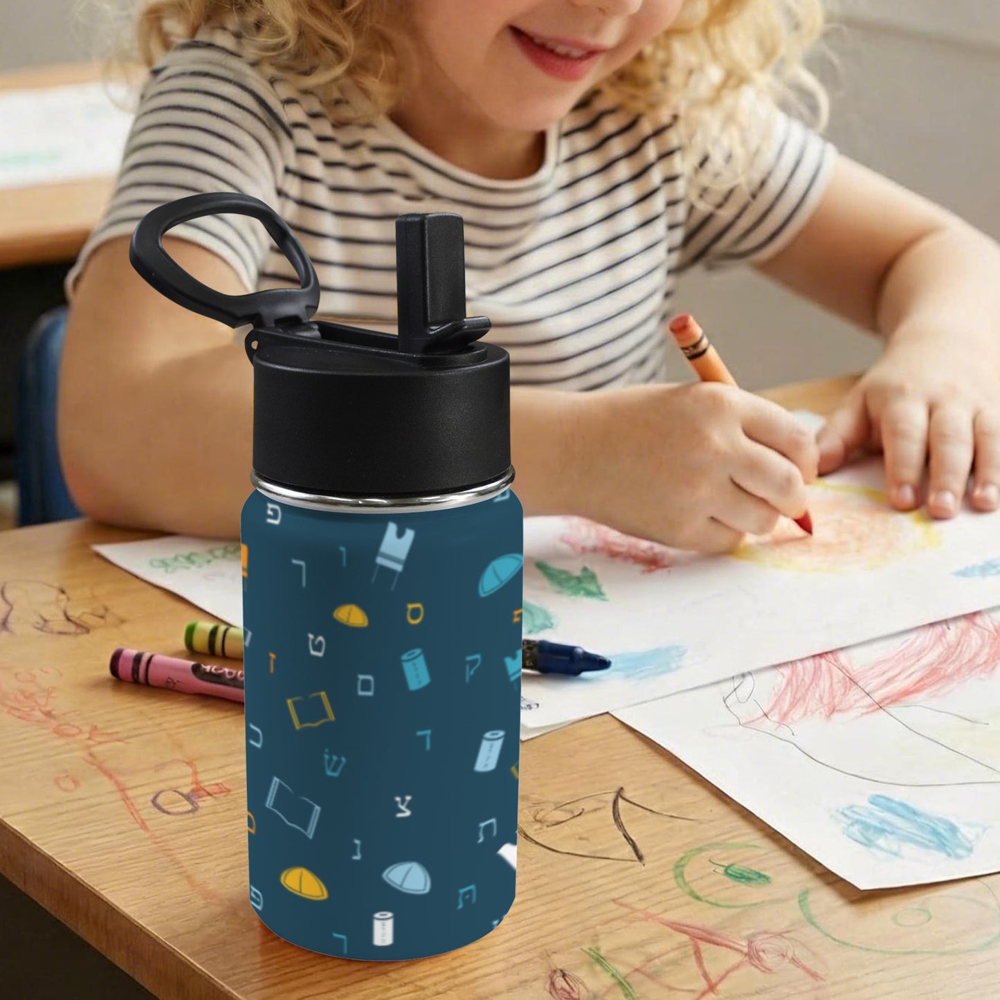 Mitzvah Boy Blue 12oz Toddlers Water Bottle with Straw Lid