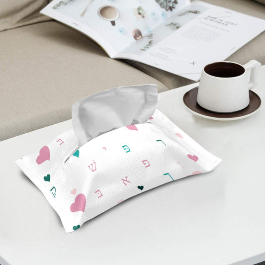Pink Aleph Beis Hearts Linen Tissue Box Cover