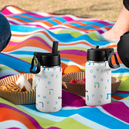Light Blue Aleph Beis Toddler Water Bottle Kids Water Bottle with Straw Lid (12 oz)